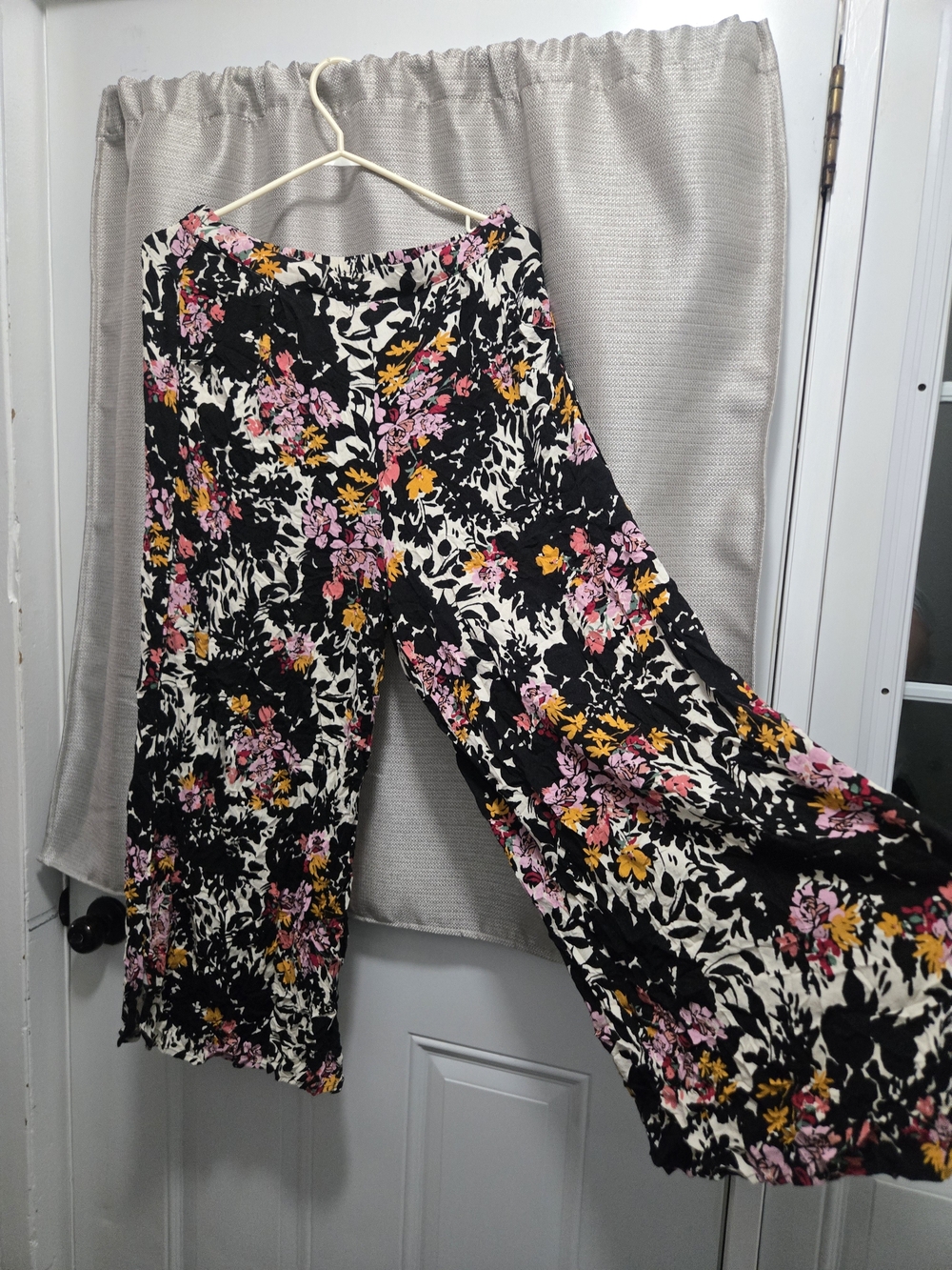 Free People Floral Wide-Leg Pants - Black with Pink & Yellow Floral